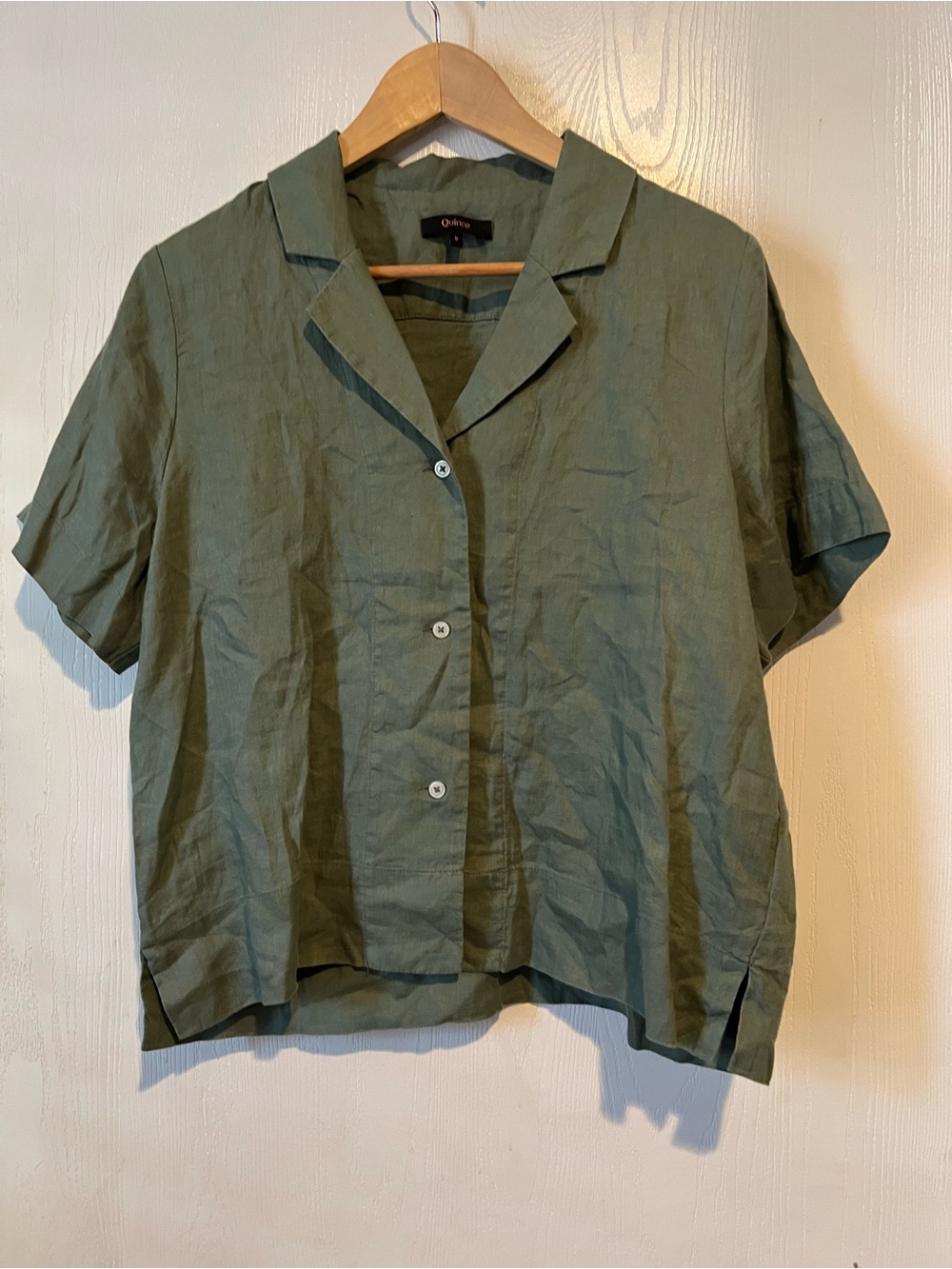 Quince European Linen Short Sleeve Collar Button Up Shirt Lt Green Women Sz S